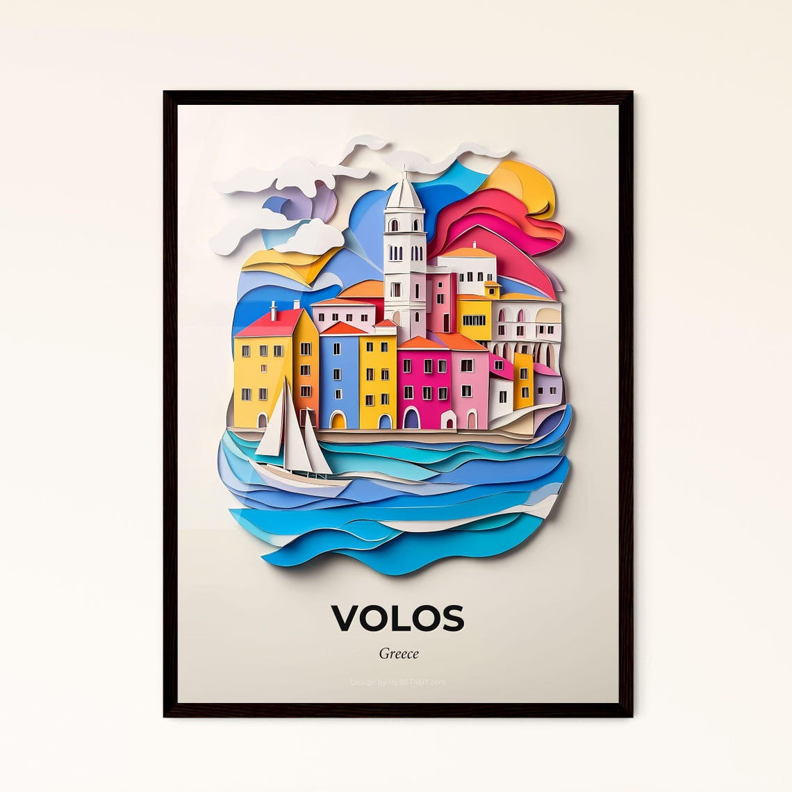 Volos Greece Vibrant Paper Cut Harbor Cityscape Decor Poster