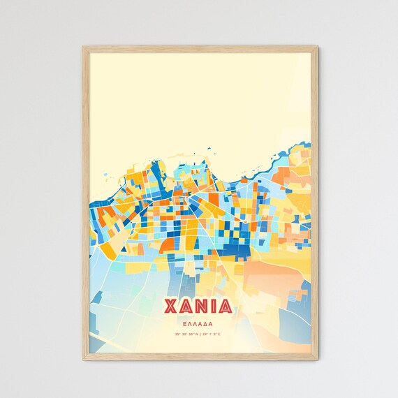 Vibrant Xania Chania Greece Coastal Blue Orange Map Art Poster