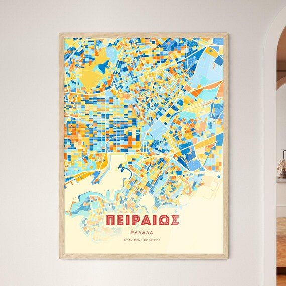 Piraeus Greece Colorful Blue Orange Modern City Street Map Poster