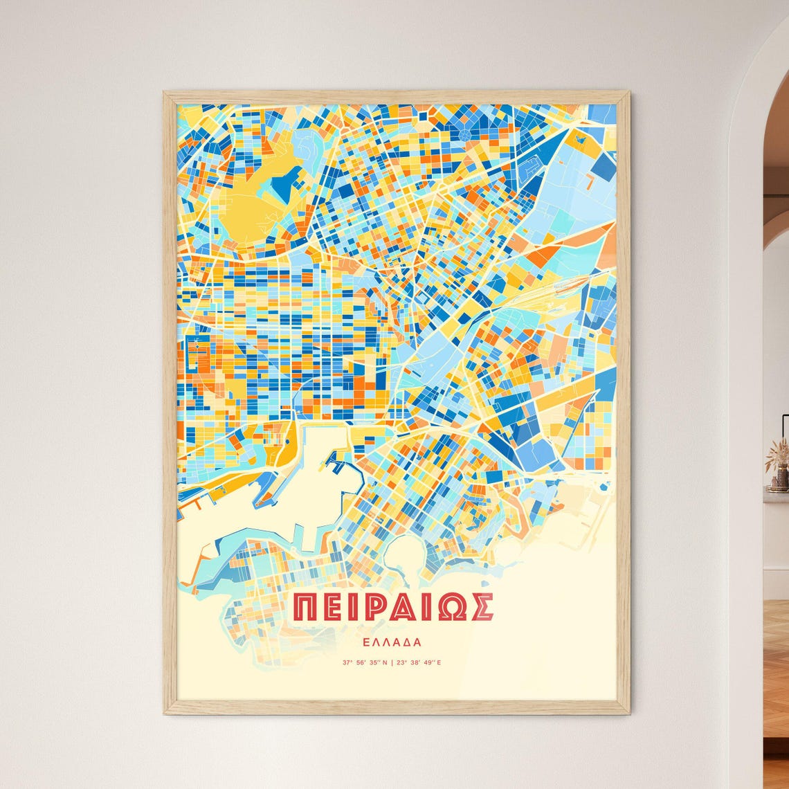 Piraeus Greece Colorful Blue Orange Modern City Street Map Poster