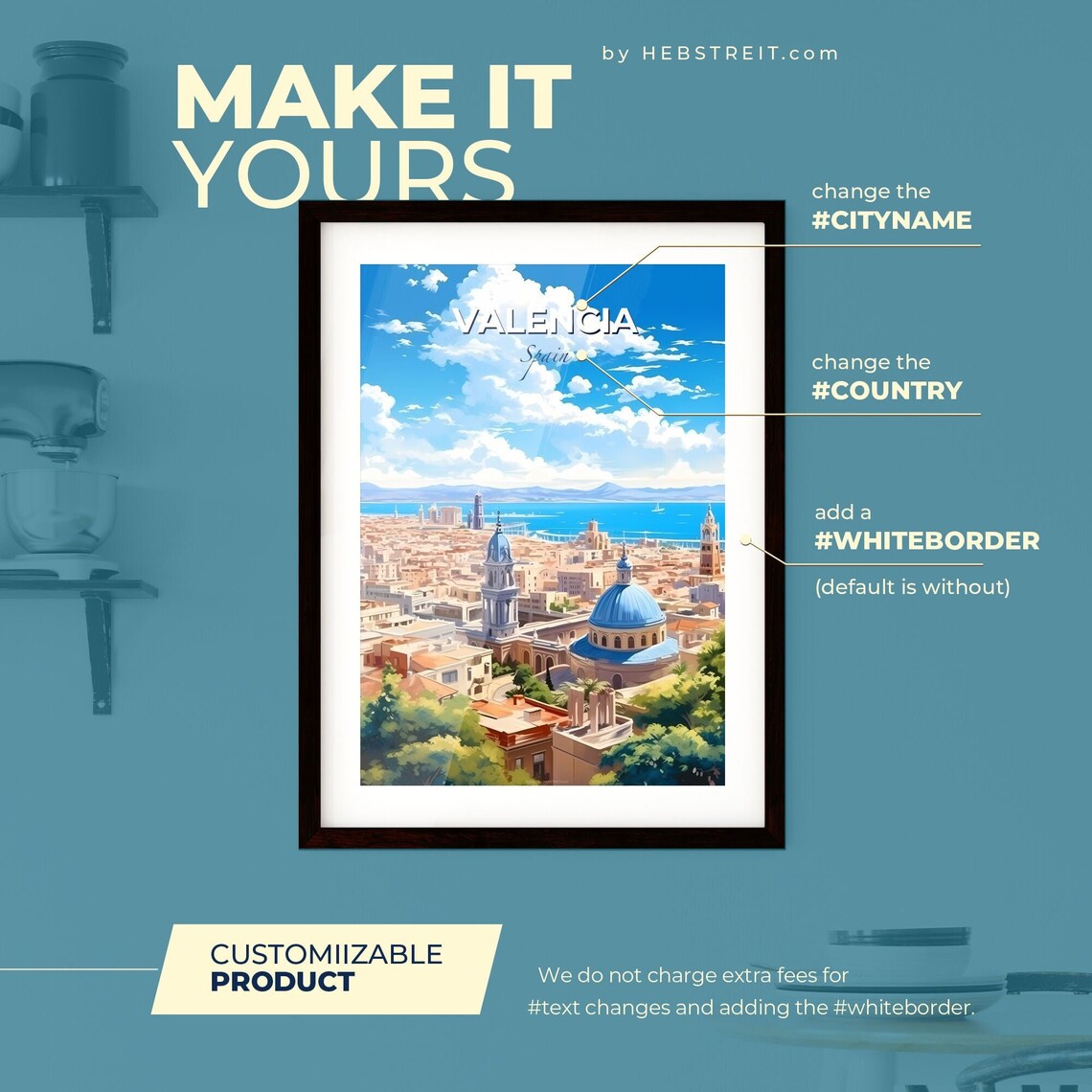 Valencia Spain City Skyline Blue Dome Coastline Travel Poster Art - Image 2