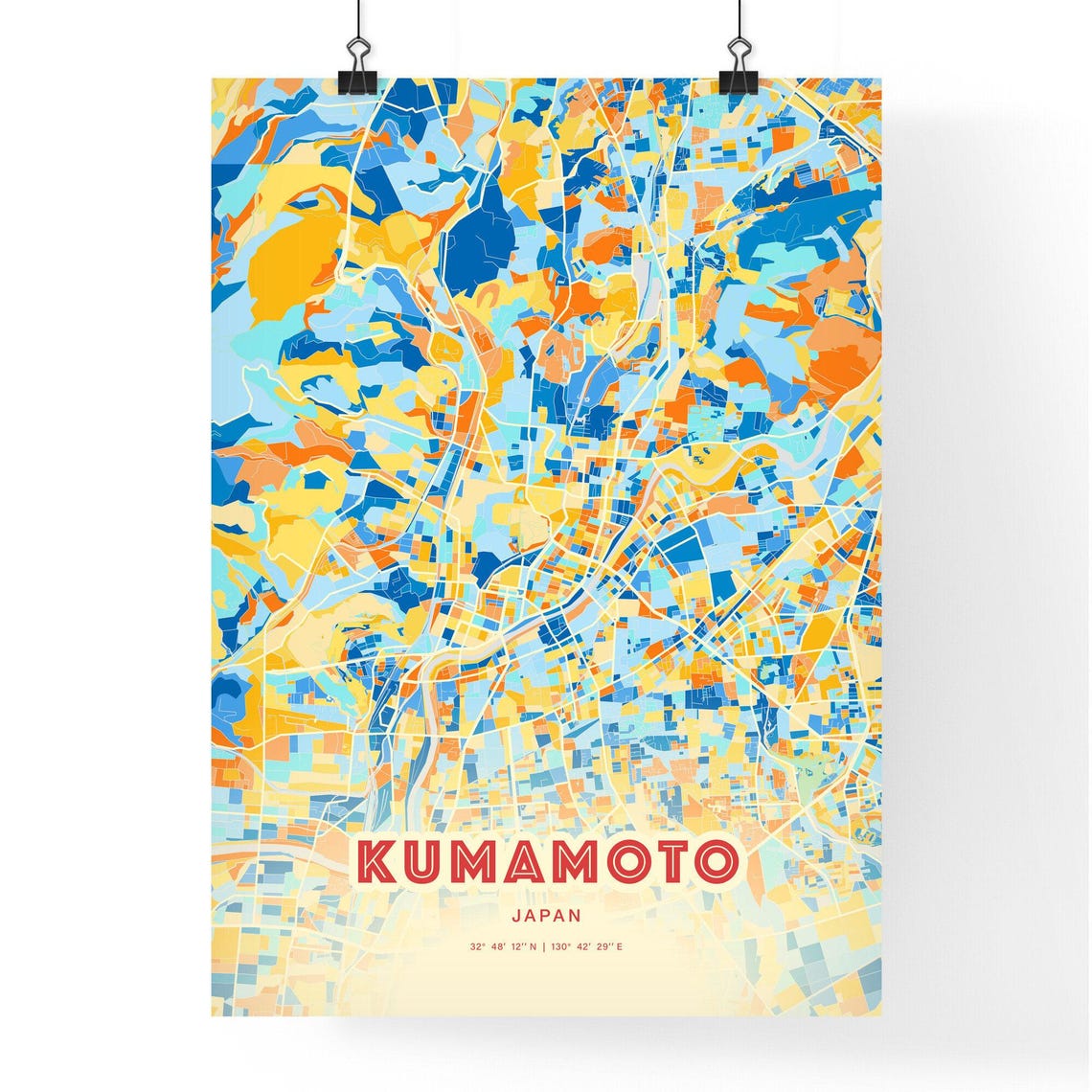 Kumamoto Japan Colorful City Map Poster Blue Orange Modern Wall Decor - Image 3
