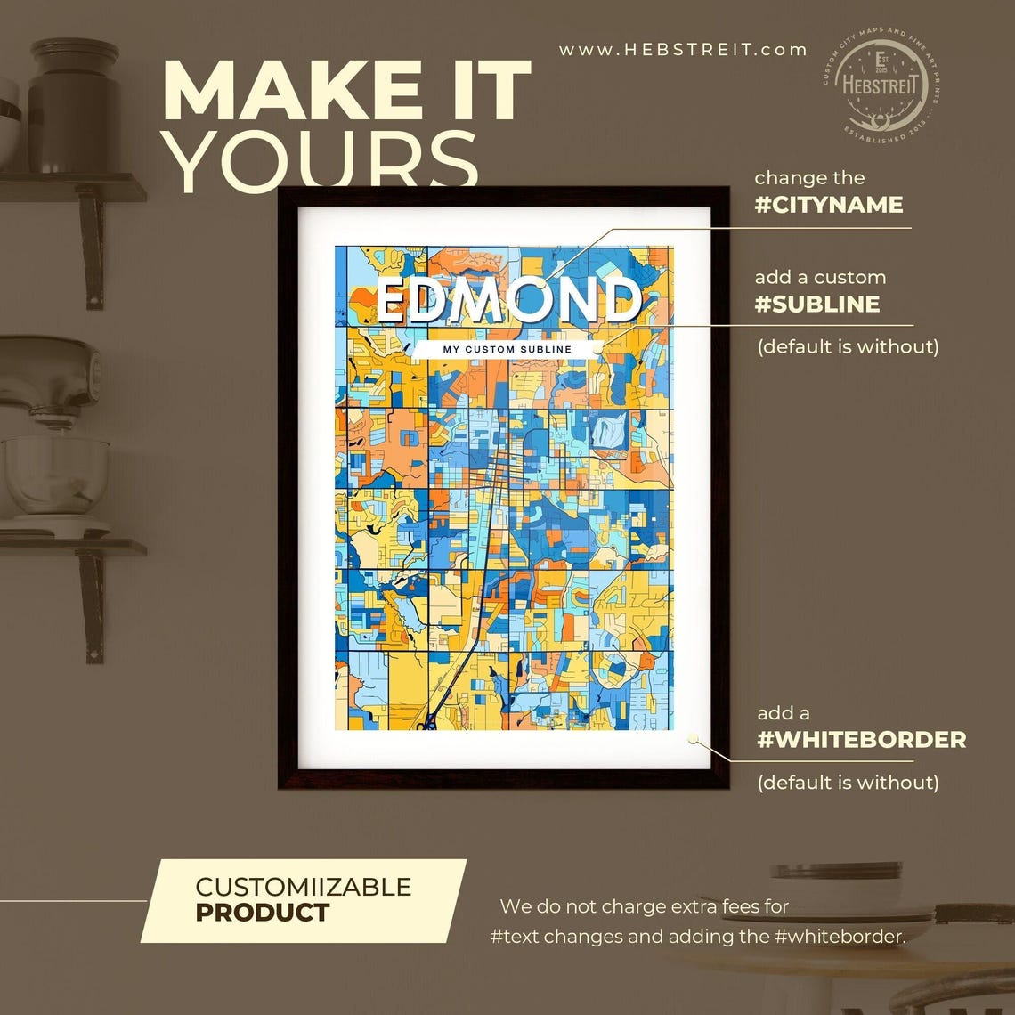 Edmond Oklahoma Bright Bold Blue and Orange City Map Decor Poster - Image 2