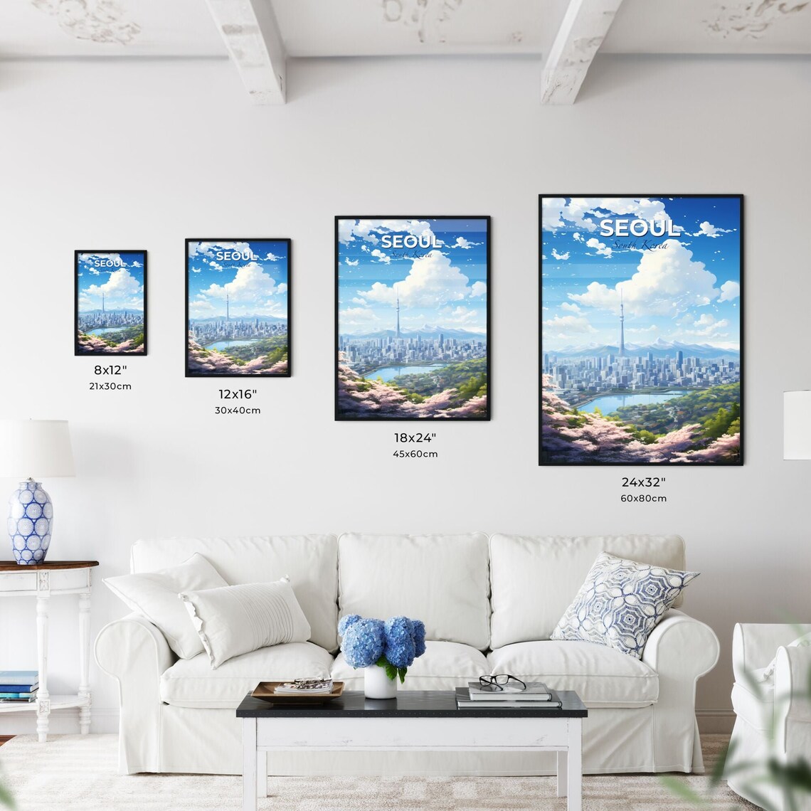 Seoul South Korea Travel Poster Cherry Blossom Lake Mountain Skyline Art - Image 3