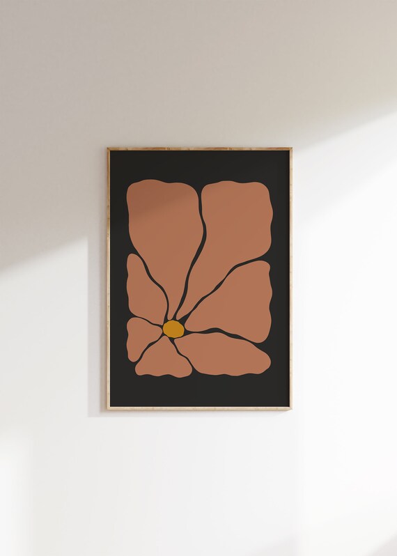Burnt Orange Groovy Flower Black Background Retro Autumn Art Poster