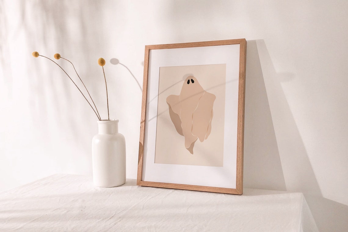 Cute Minimalist Ghost Beige Neutral Modern Halloween Wall Art - Image 2
