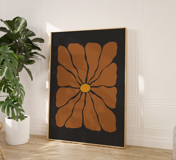 Retro Autumn Flower Illustration Copper Black Groovy Floral Poster