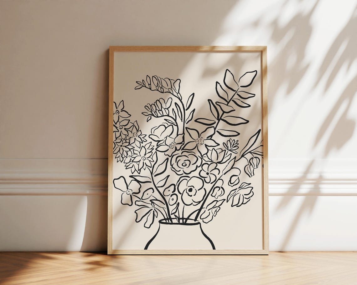 Black Flower Bouquet Vase Line Art Minimalist Botanical Poster - Image 2