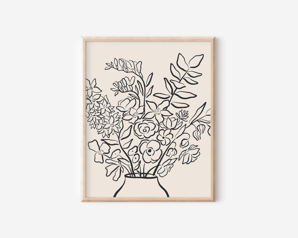 Black Flower Bouquet Vase Line Art Minimalist Botanical Poster