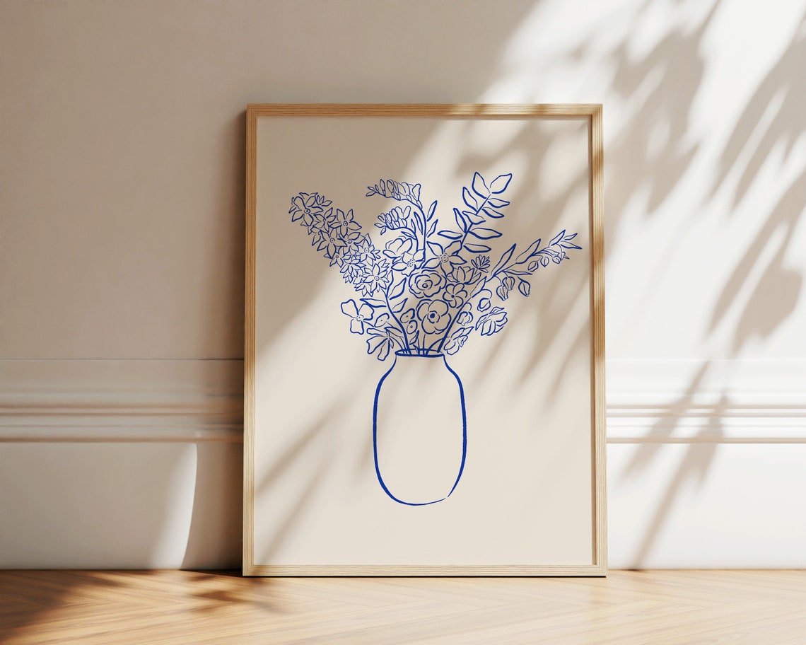 Blue Ink Flower Bouquet Vase Minimalist Line Drawing Botanical Poster