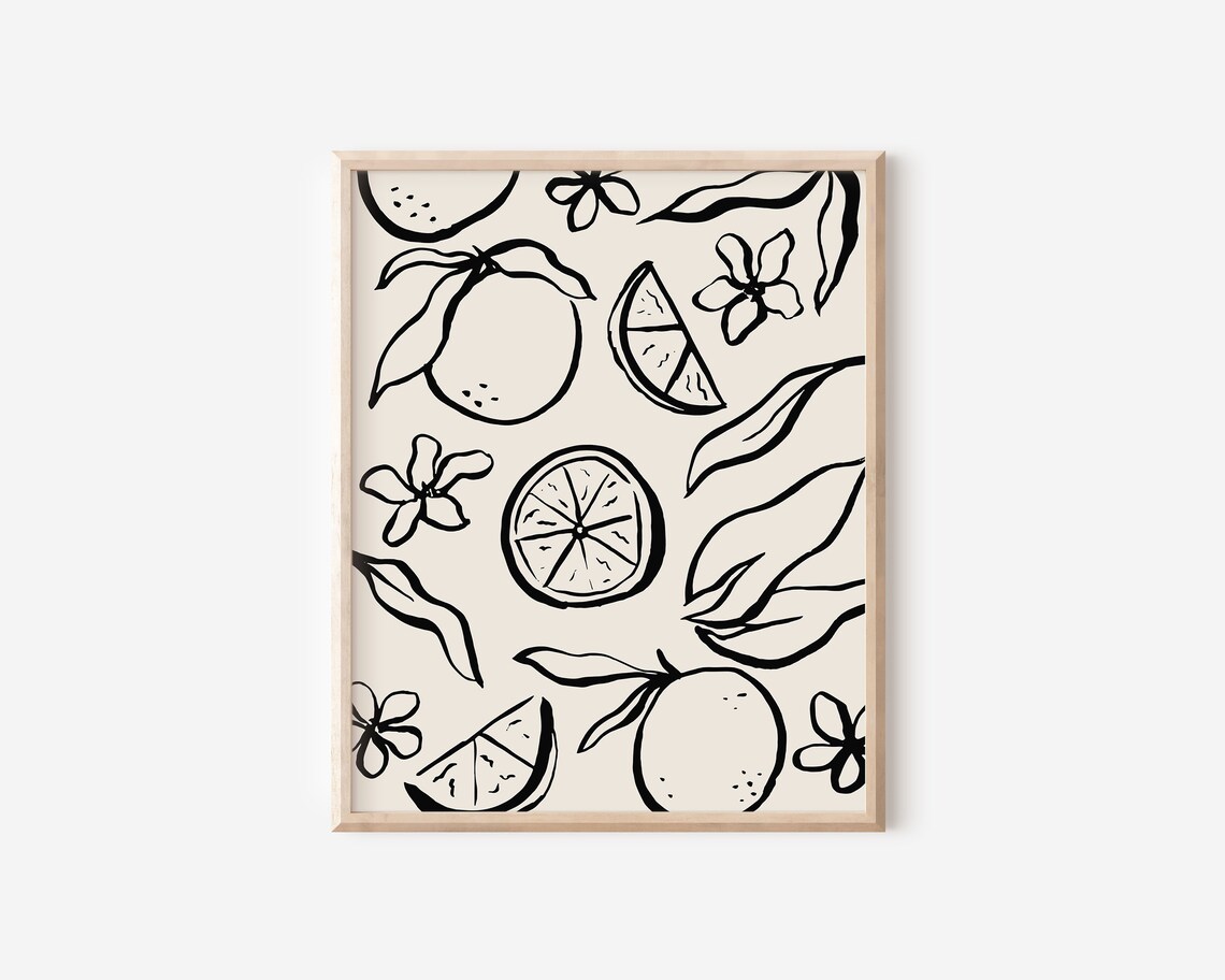 Oranges Botanical Ink Drawing, Mid-Century Kitchen Art Print
