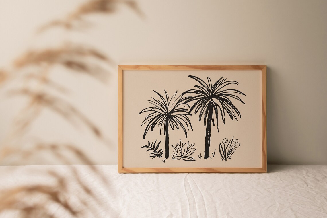 Palm Tree Botanical Line Art Print, Boho Tropical