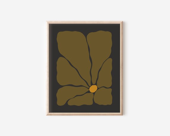 Moody Olive Abstract Flower Retro Yellow Center Dark Wall Art