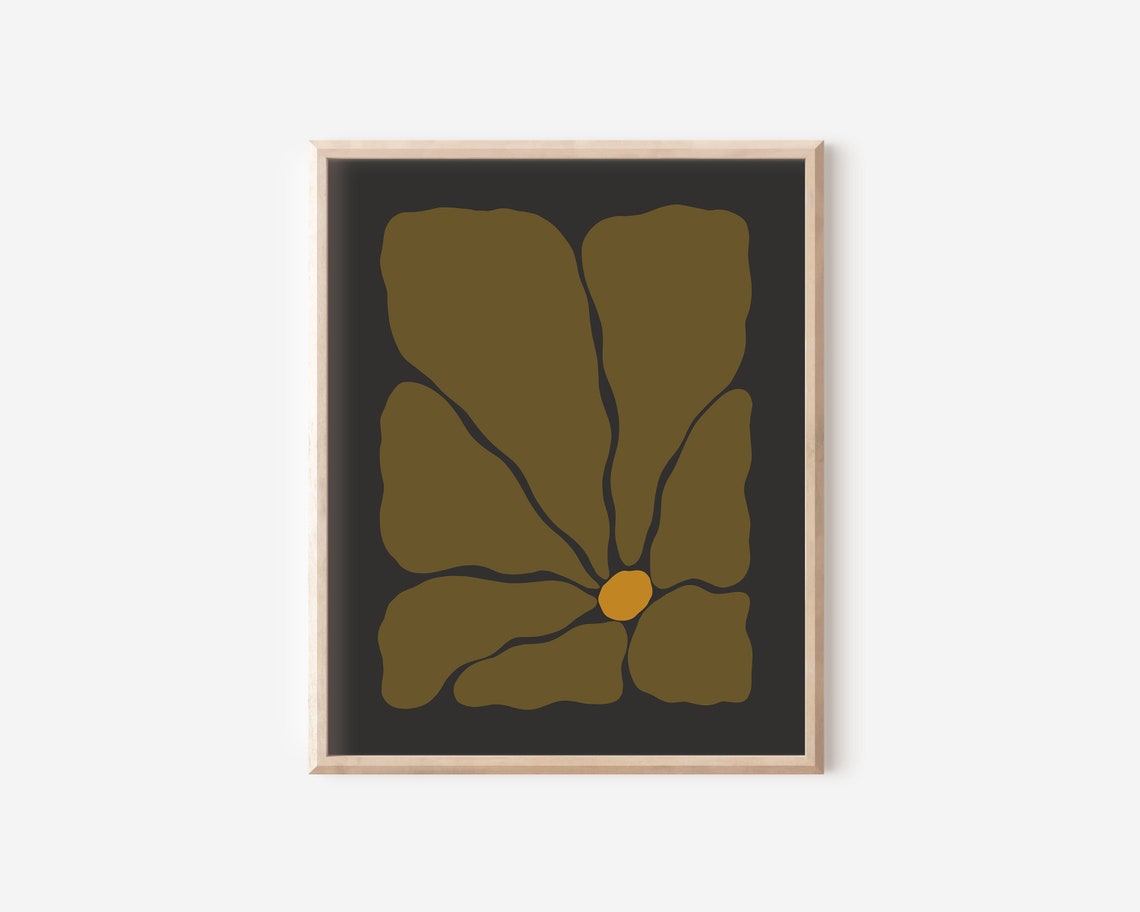 Moody Olive Abstract Flower Retro Yellow Center Dark Wall Art