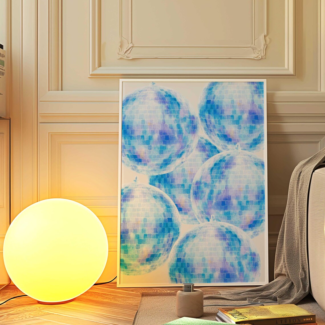 Blue Disco Ball Retro Poster, 70s Apartment Decor