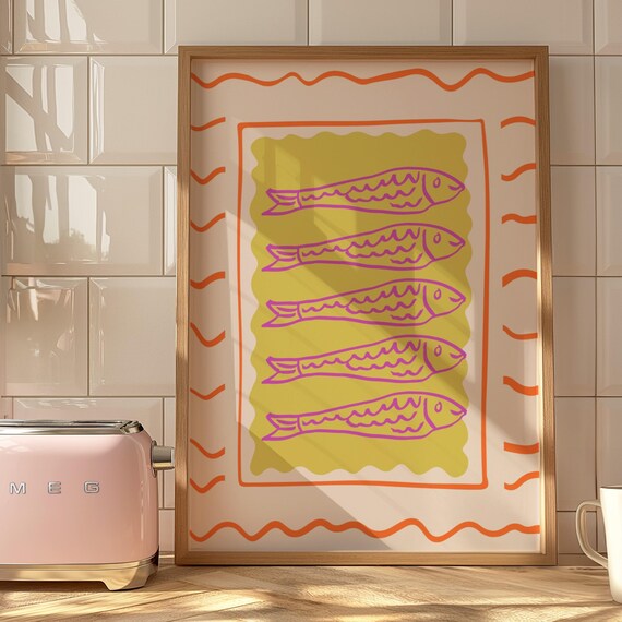 Playful Purple Fish School Yellow Retro Coastal Kitchen Poster