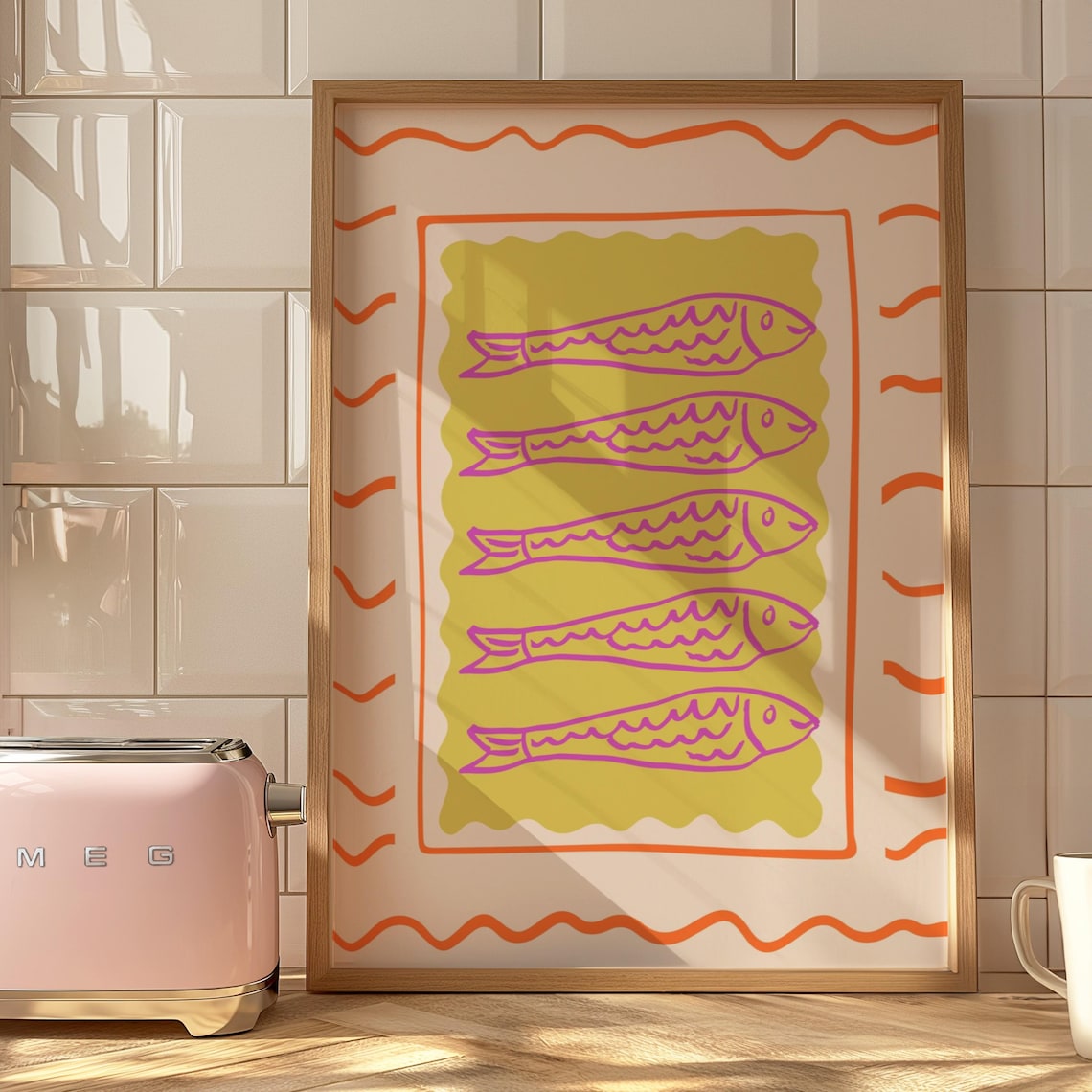 Playful Purple Fish School Yellow Retro Coastal Kitchen Poster