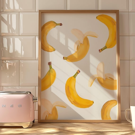 Yellow Bananas Watercolor Fruit Pattern Trendy Dopamine Kitchen Wall Art
