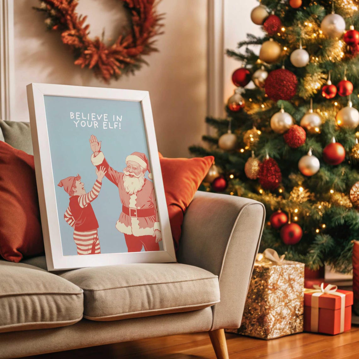 Believe In Your Elf Santa Claus High Five Cute Christmas Poster