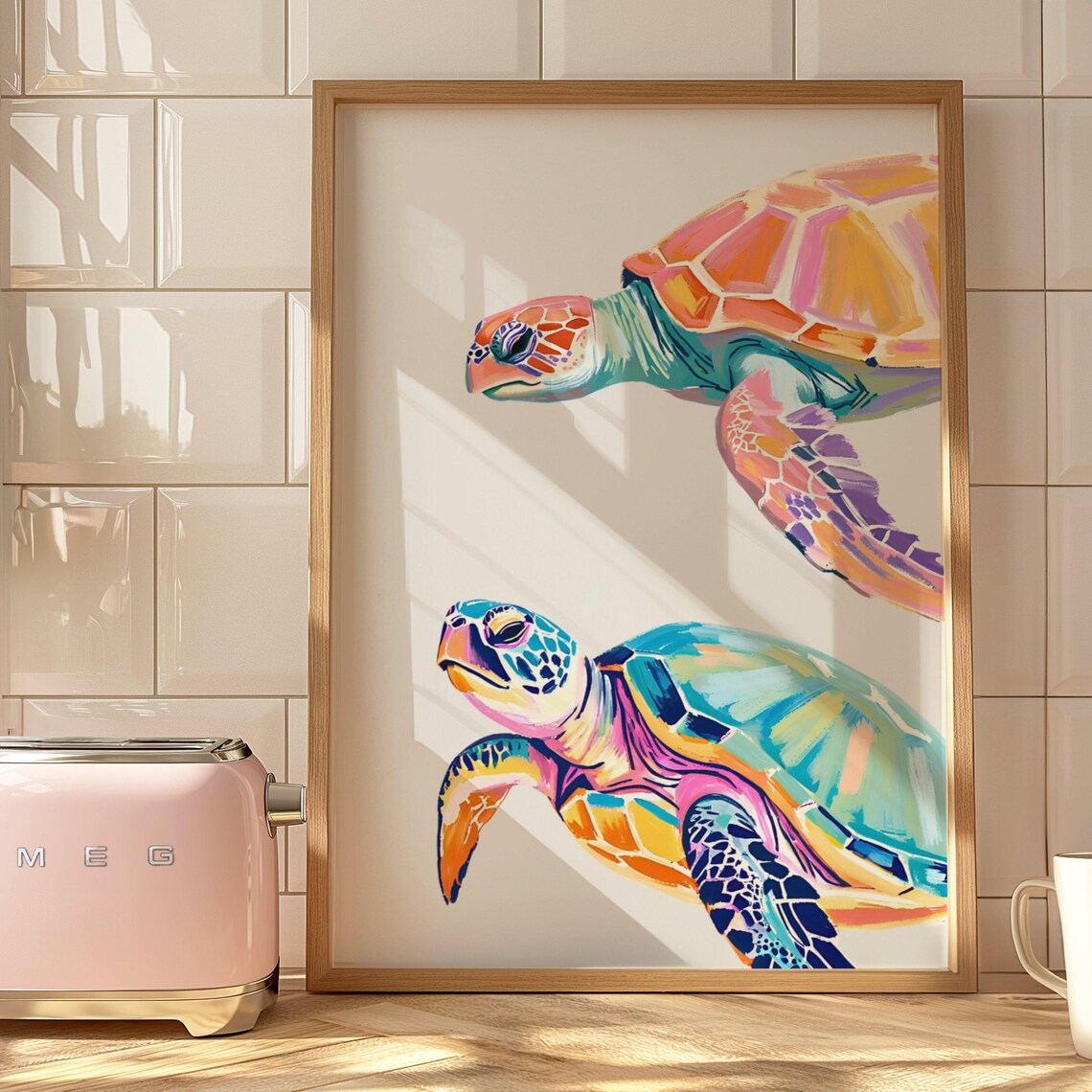 Pastel Sea Turtles Coastal Art Print, Beachy Abstract