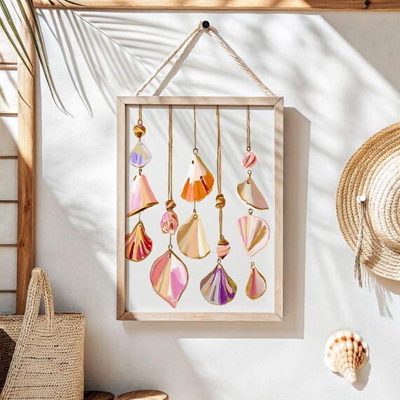 Pastel Seashell Wind Chime Watercolor Coastal Beach House Poster
