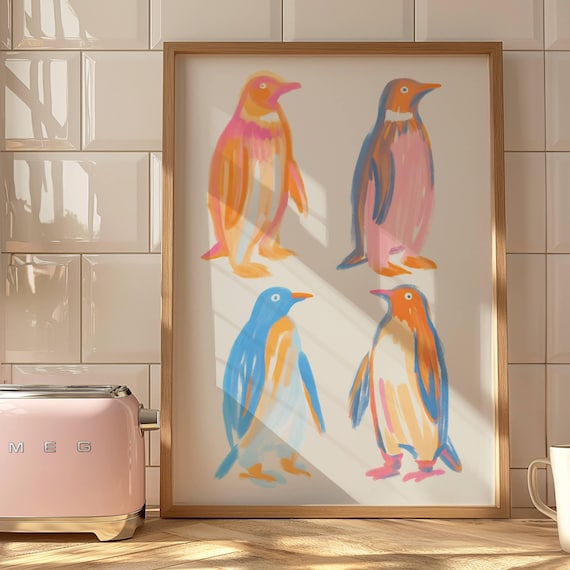 Colorful Penguins Watercolor Arctic Birds Coastal Nursery Wall Art