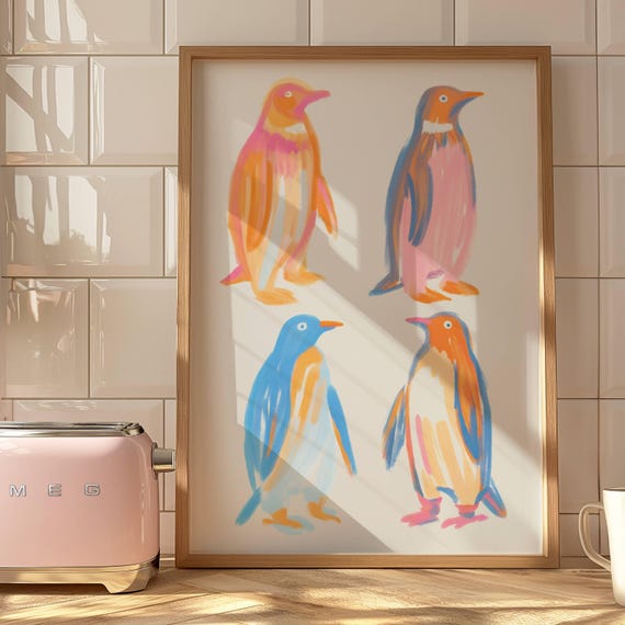 Pastel Penguin Wall Art Coastal Nursery Decor Cute Arctic Animal Print Beach House Kids Room Soft Ocean Poster