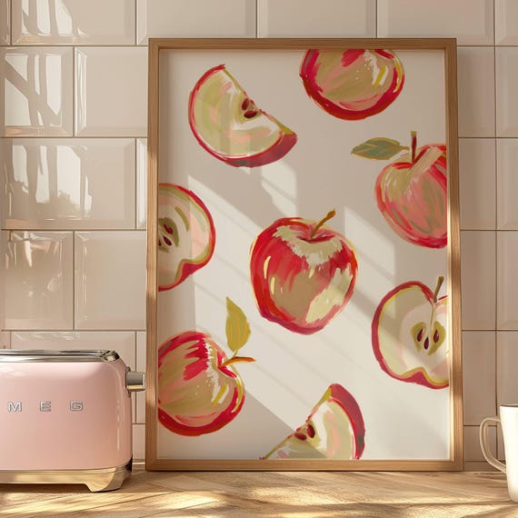 Apple Kitchen Wall Art Watercolor Fruit Print Printable Vintage Decor Farmhouse Dining Room Poster Digital Download