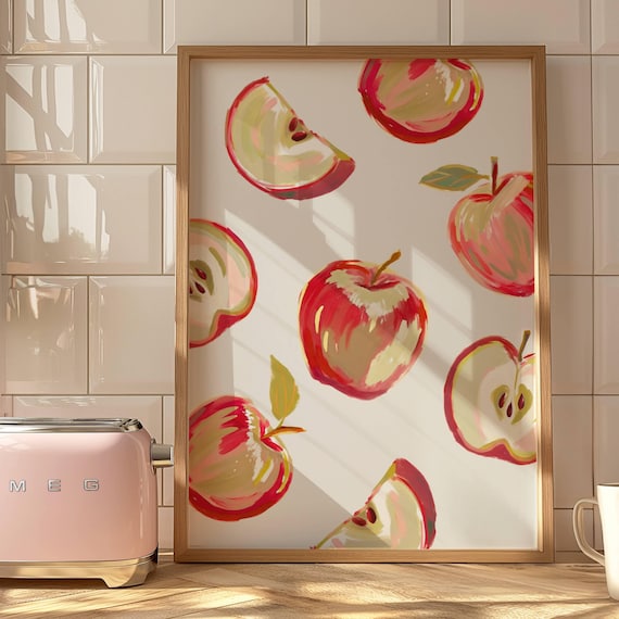 Red Apple Watercolor Fruit Pattern Vintage Kitchen Decor Poster