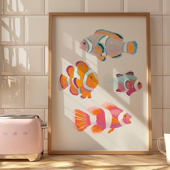 Colorful Clownfish Trio Coral Reef Fish Nursery Decor Poster