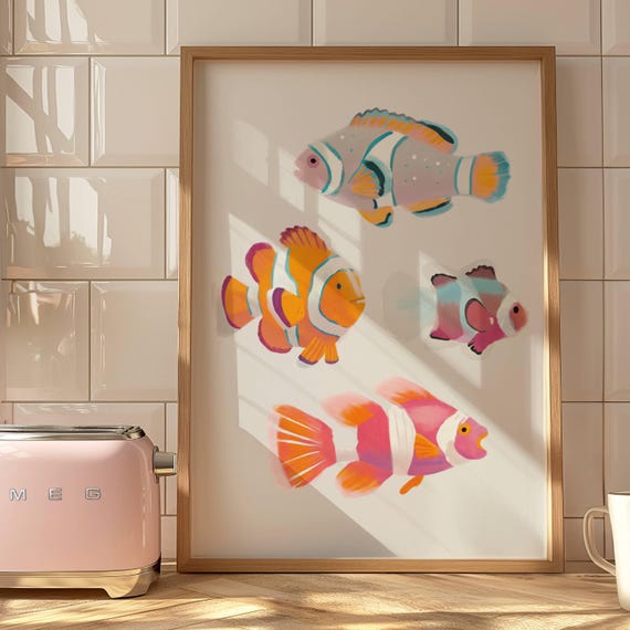 Colorful Clownfish Wall Art Tropical Reef Fish Print Coral Watercolor Poster Beach Bathroom Decor Coastal Digital Download