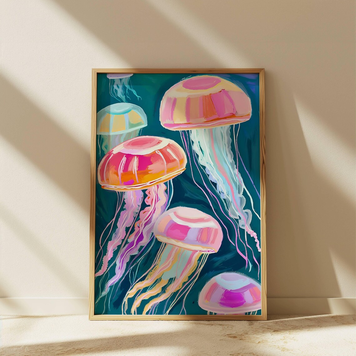 Jellyfish Fisherman Coastal Art Print, Rustic Beach House