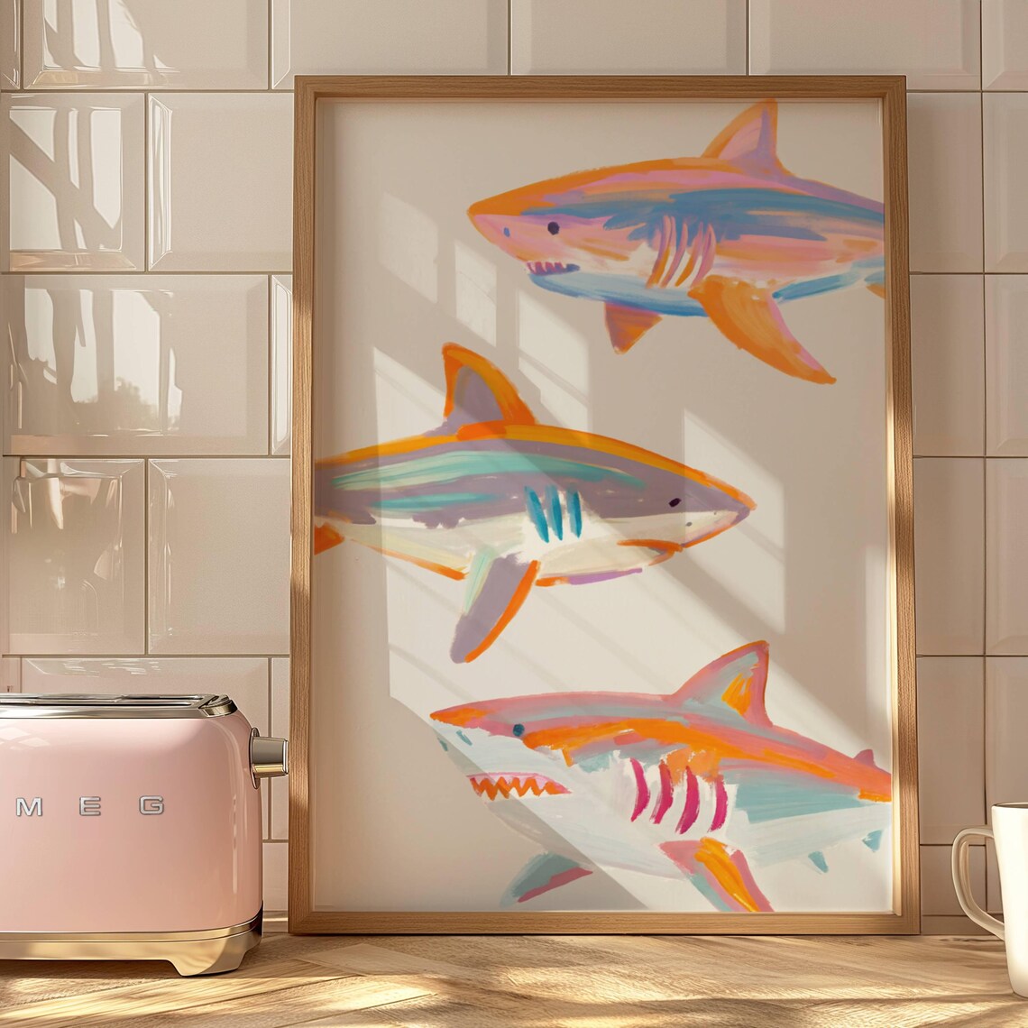 Pastel Colorful Sharks Ocean Kids Beach Room Playful Art Poster