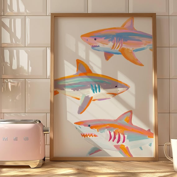 Pastel Colorful Sharks Ocean Kids Beach Room Playful Art Poster