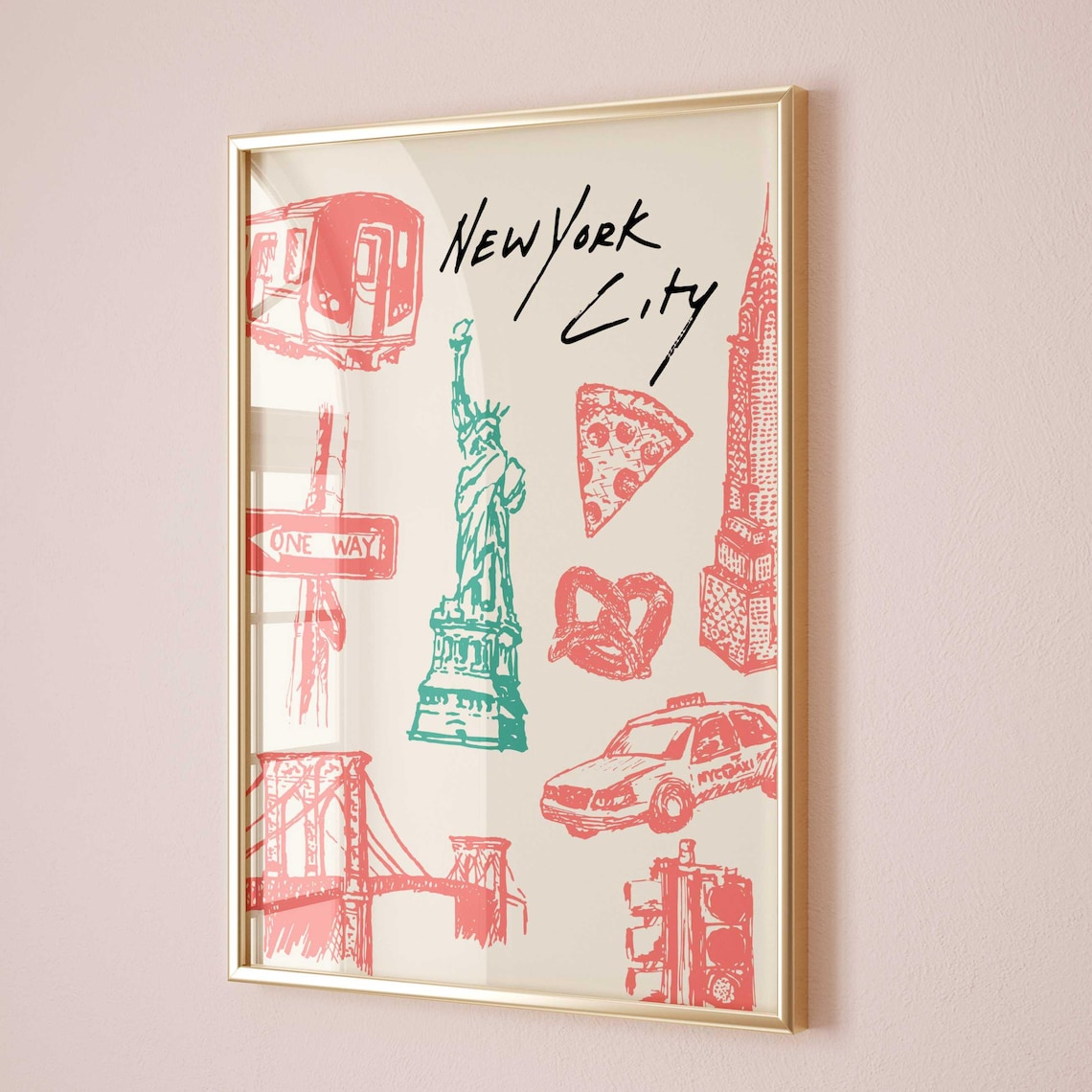 New York City Hand Drawn Icons Poster With Statue Of Liberty Taxi Pizza