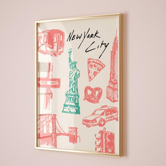 New York City Wall Art Print Trendy College Apartment Decor Girl Bar Cart Preppy Dorm Room