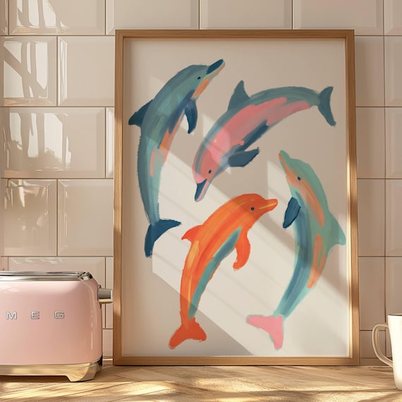 Four Pastel Dolphins In Playful Circle Coastal Nursery Poster