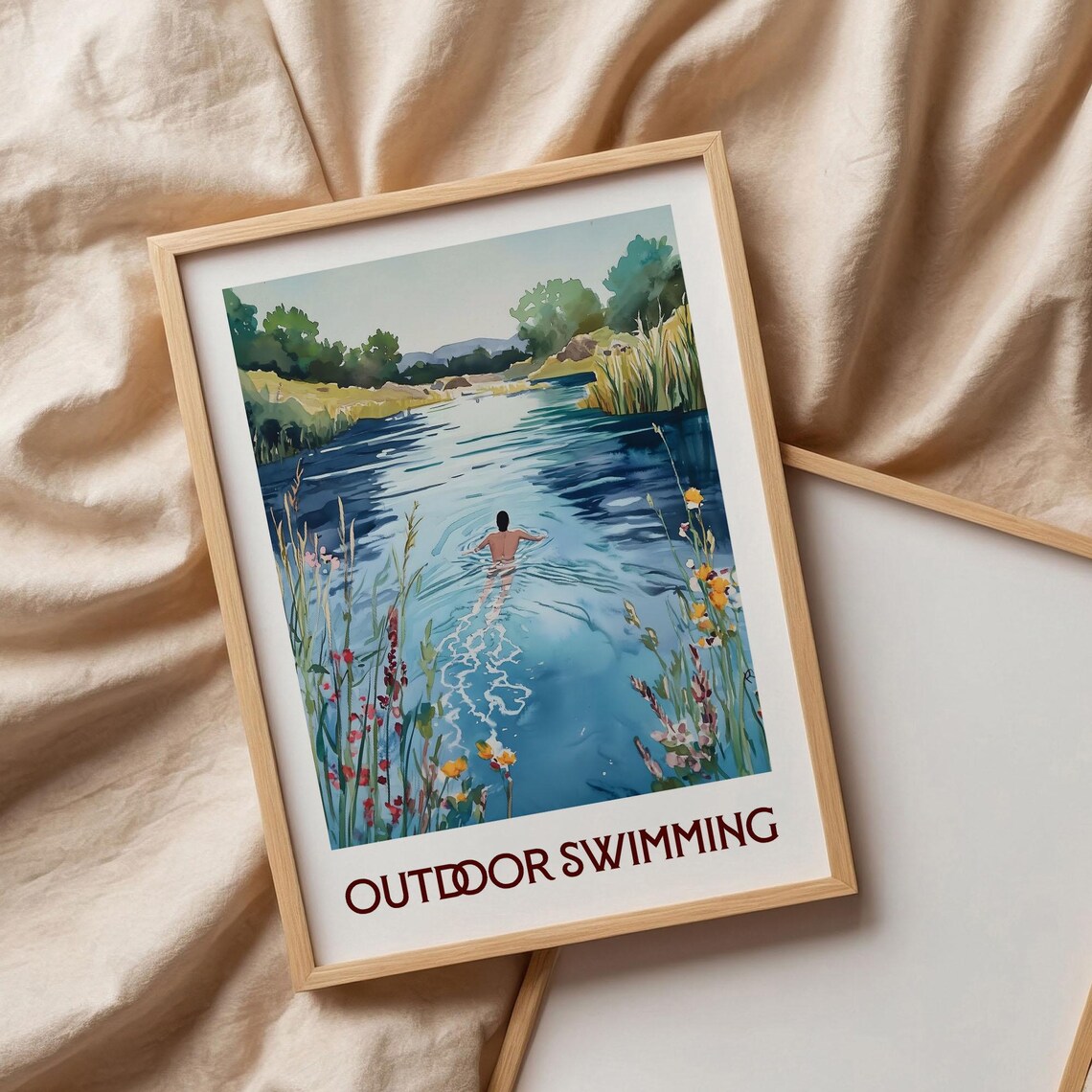 Outdoor Swimming Wildflower Blue River Scene Watercolor Poster - Image 3
