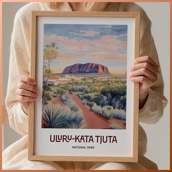 Uluru Kata Tjuta National Park Outback Sunset Watercolor Travel Poster