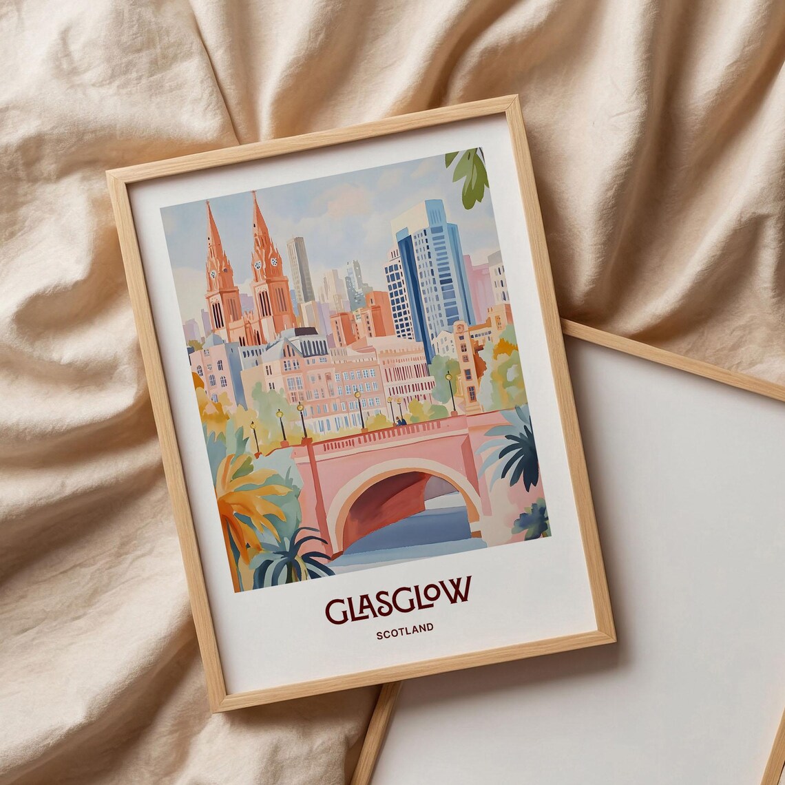 Glasgow Scotland Pastel River Bridge Cityscape Watercolor Poster - Image 3