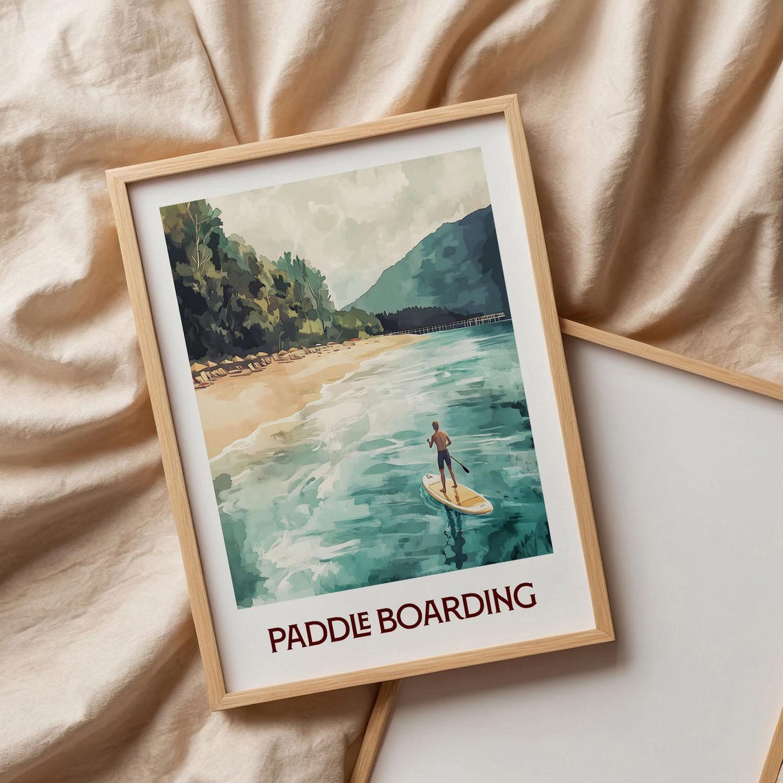 Paddle Boarding Beach Ocean Waves Watercolor Sports Art Poster - Image 3