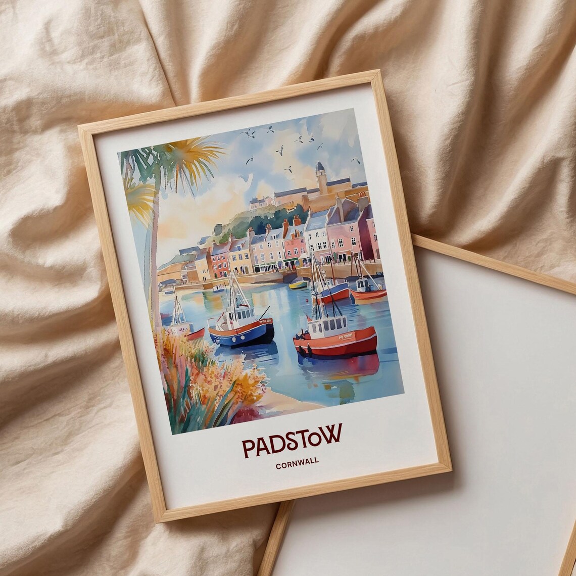 Padstow Cornwall Fishing Boats Harbor Watercolor Travel Poster - Image 3