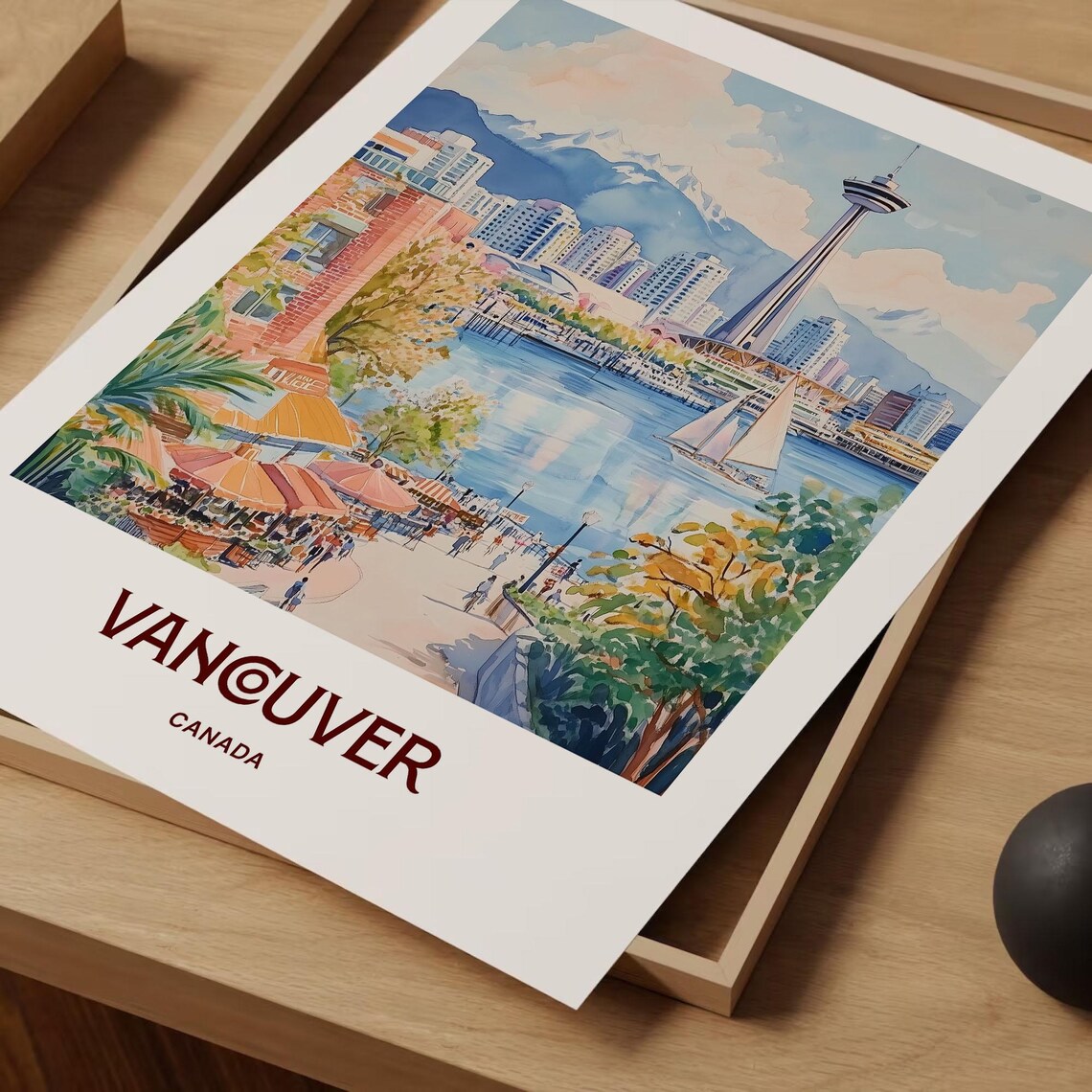 Vancouver Canada Harbour Sailboats Skyline Watercolor Travel Poster - Image 2