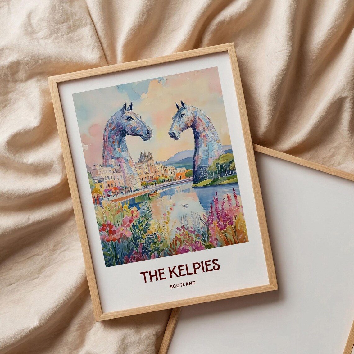 The Kelpies Scotland Watercolor Horse Sculptures Canal Flower Art Poster - Image 3