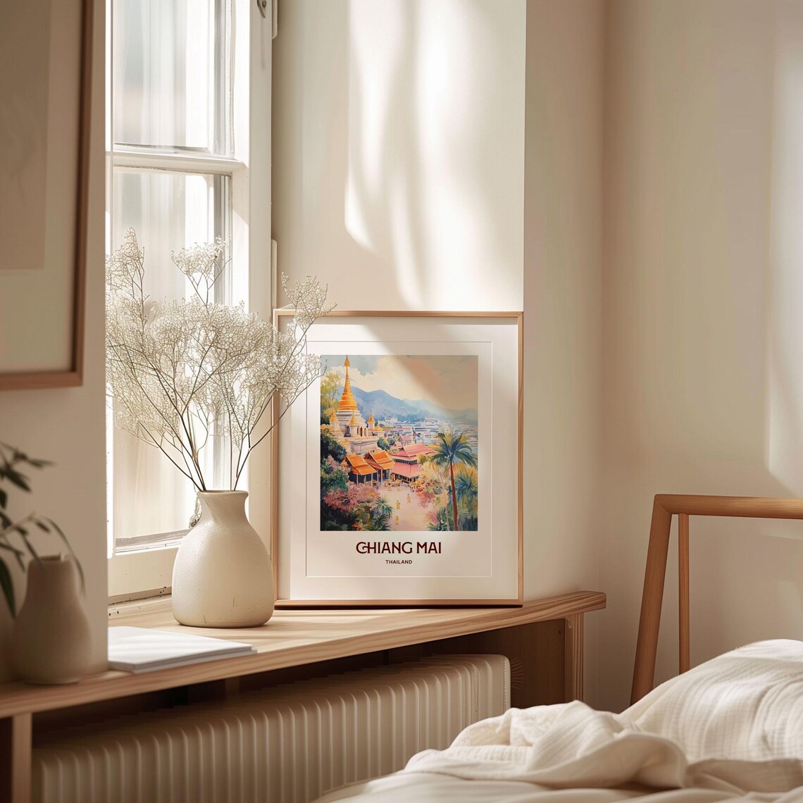Chiang Mai Thailand Golden Temple Watercolor Travel Poster Mountains - Image 2