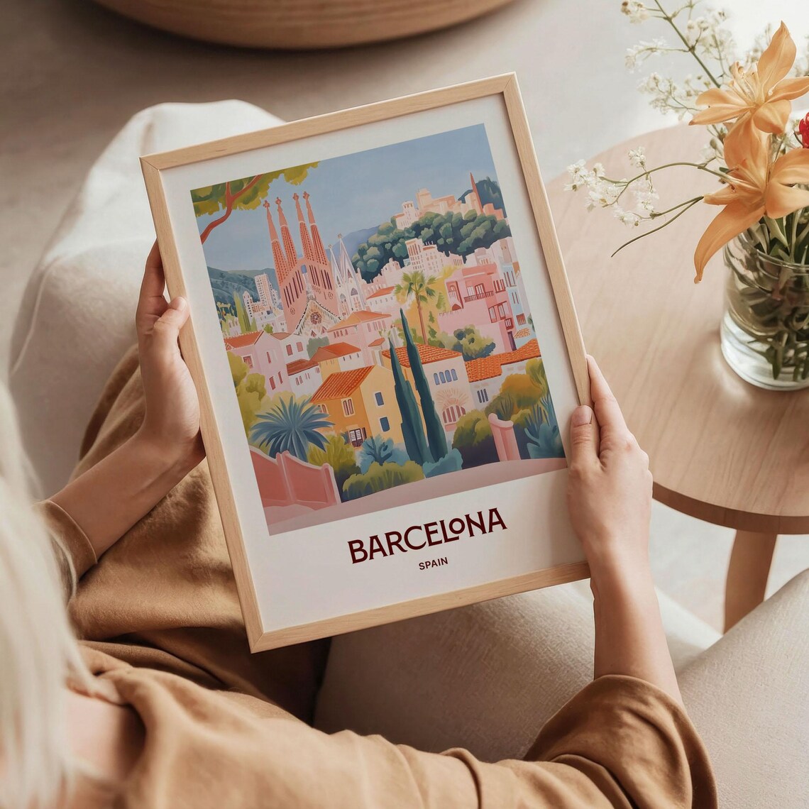 Barcelona Spain Sagrada Familia Cityscape Pastel Scene Art Poster - Image 5