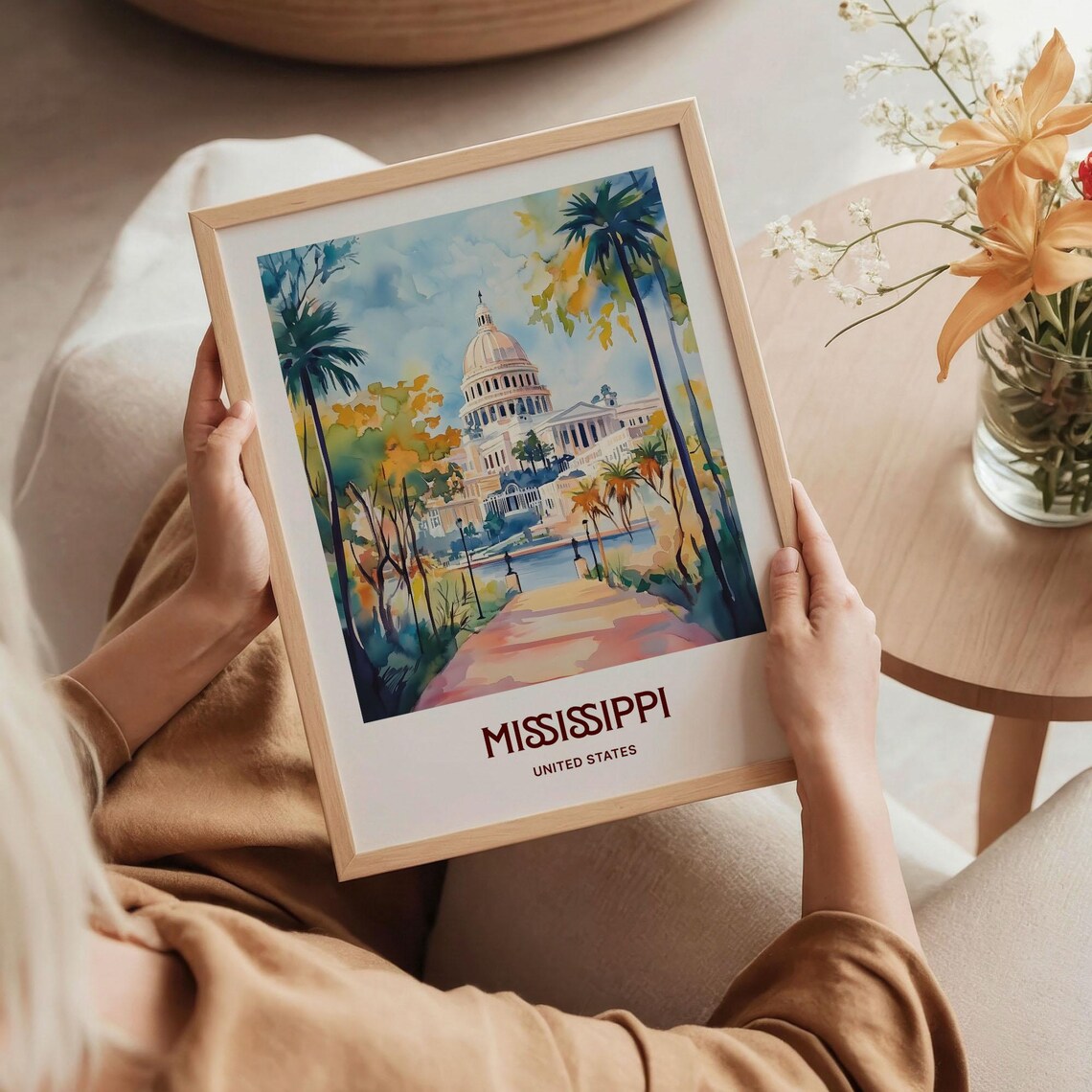 Mississippi State Capitol Dome Palm Trees Watercolor Travel Poster - Image 5