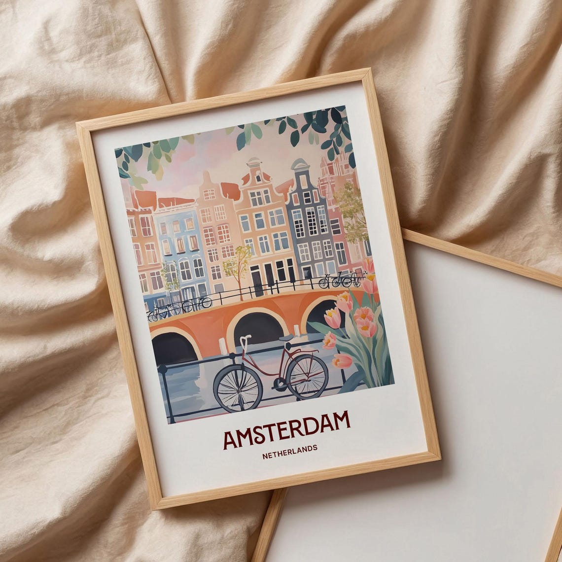 Amsterdam Netherlands Canal Bridge Bicycles Tulips Art Poster - Image 3