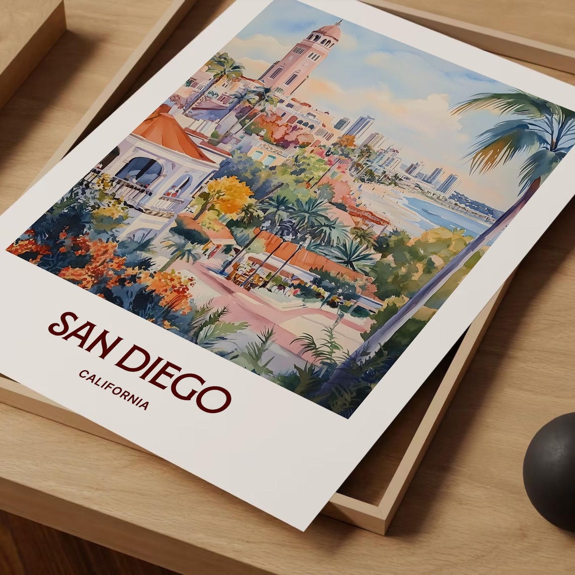 San Diego California Mission Style Bell Tower Coast Watercolor Poster - Image 2