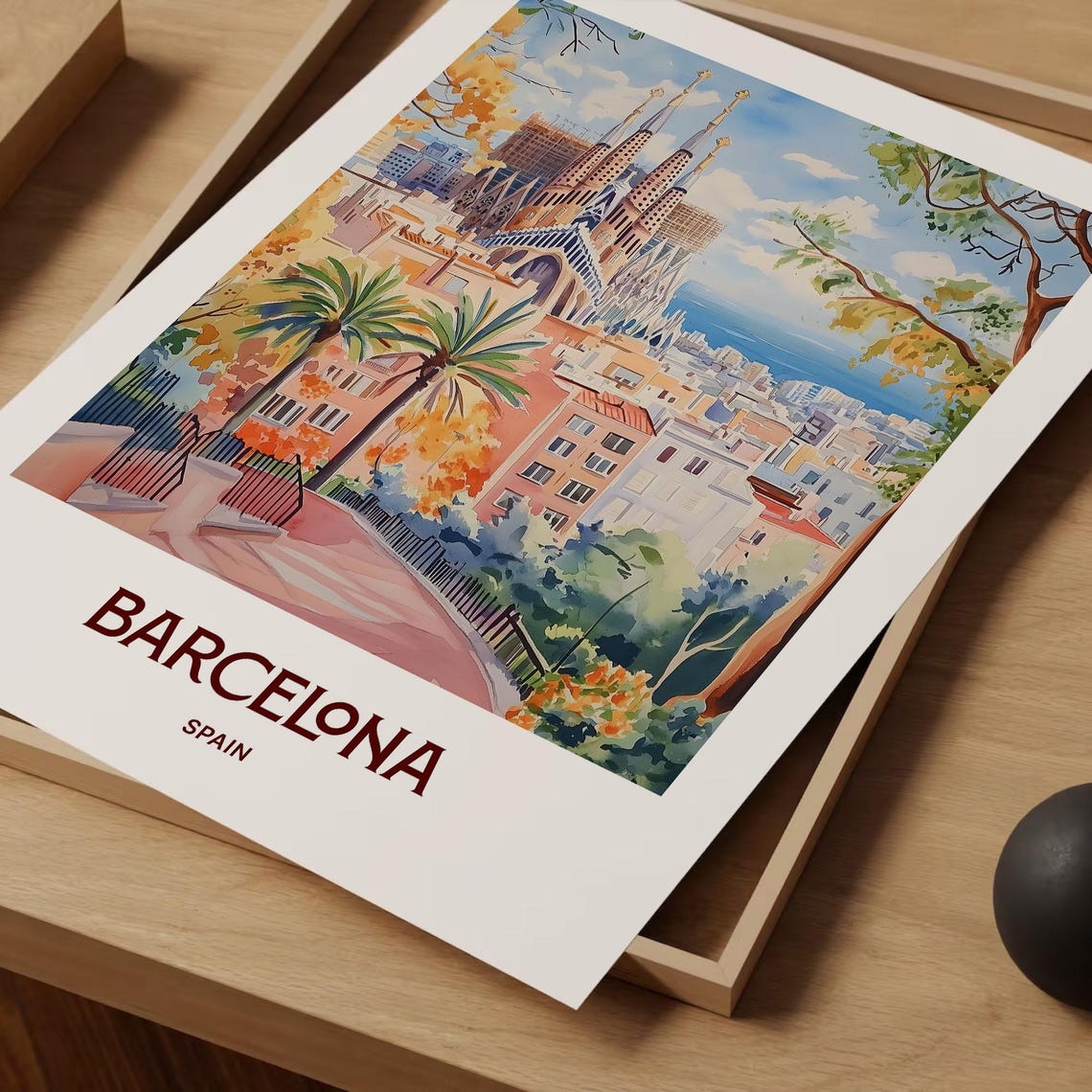 Barcelona Spain Sagrada Familia Cathedral Watercolor Travel Poster - Image 2